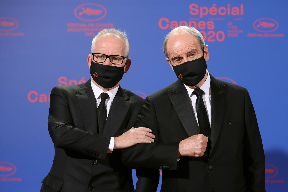 Cannes film festival general delegate Thierry Fremaux (left) and French director of the Cannes film festival Pierre Lescure pose as they arrive at the Palais des Festivals et des Congres ahead of Cannes 2020 Special. u00e2u20acu201d AFP pic