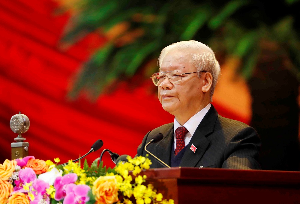 Nguyen Phu Trong speaks at the opening ceremony of the 13th national congress of the ruling communist party of Vietnam is seen at the National Convention Centre in Hanoi January 26, 2021. u00e2u20acu201d VNA Handout via Reuters