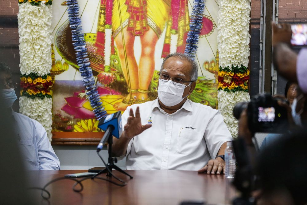 Penang Deputy Chief Minister P. Ramasamy speaks during a press conference at the Arulmigu Balathandayuthapani Temple in George Town January 26, 2021. u00e2u20acu201d Picture by Sayuti Zainudin