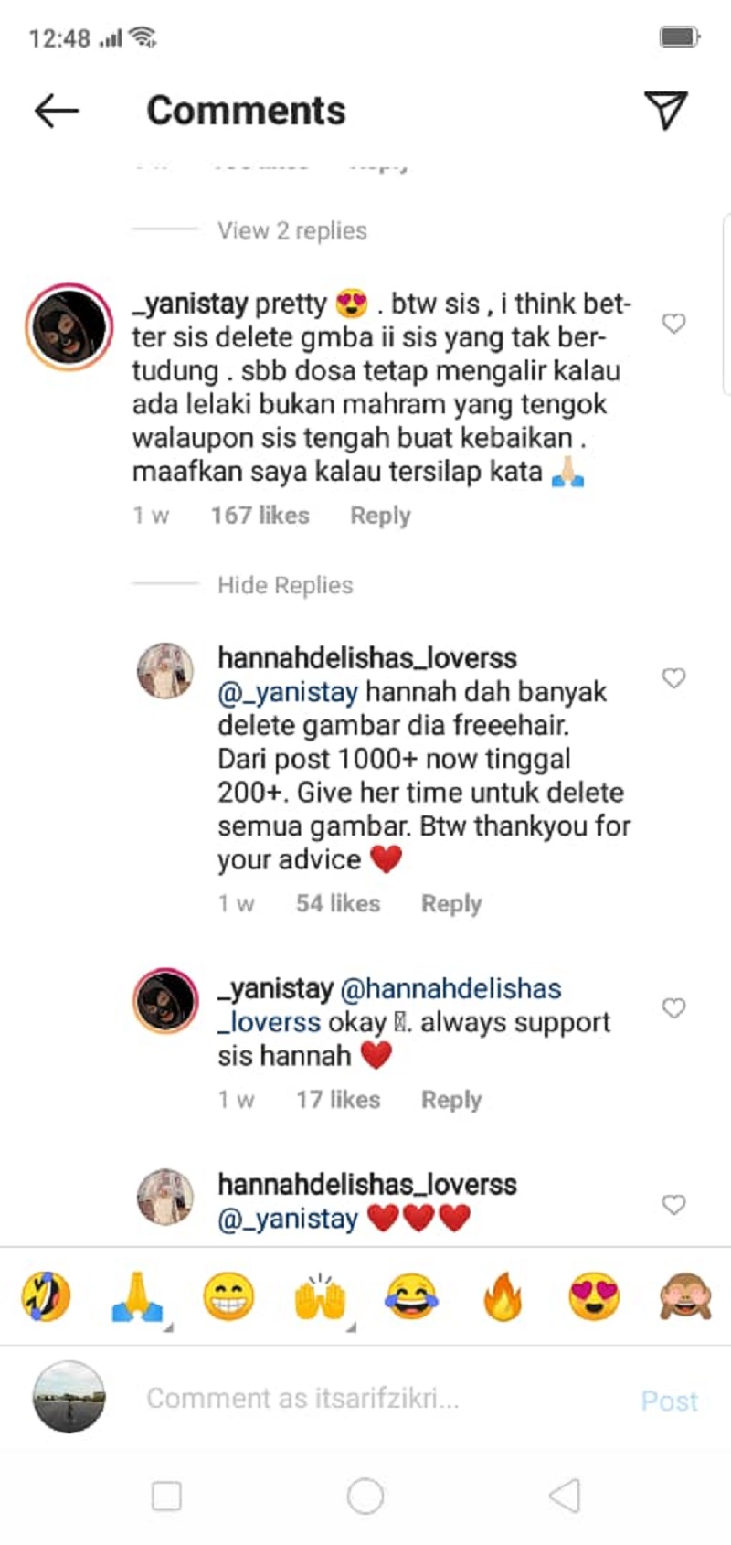 Screenshot from the comment section in one of Hannah Delisha's Instagram posts. ― Screenshot via Instagram/Hannah Delisha