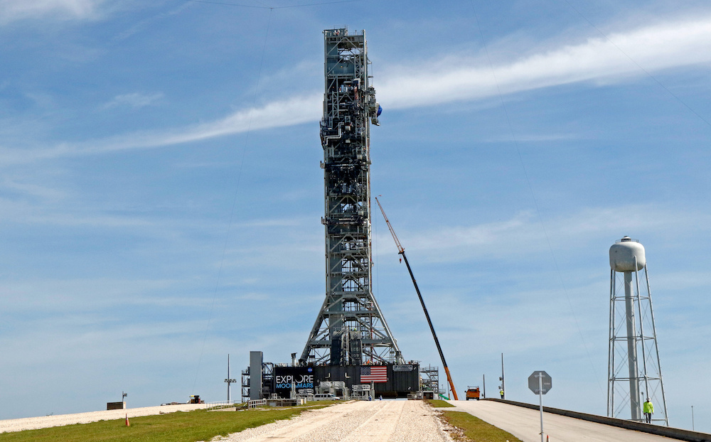 NASAu00e2u20acu2122s Space Launch System mobile launcher stands atop Launch Pad 39B for months of testing before it will launch the SLS rocket and Orion spacecraft on mission Artemis 1 at the Kennedy Space Centre in Cape Canaveral, Florida, US, July 1, 2019. u00e2u20acu201d Reut