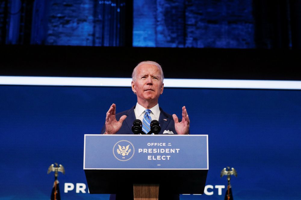 US President-elect Joe Biden delivers remarks during a televised speech on the current economic and health crises at The Queen Theatre in Wilmington, Delaware January 14, 2021. — Reuters pic