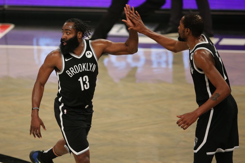 Brooklyn Nets shooting guard James Harden (13) and power forward Kevin Durant (7) high five during the fourth quarter against the Milwaukee Bucks at Barclays Centre January 18, 2021. u00e2u20acu201d Reuters pic