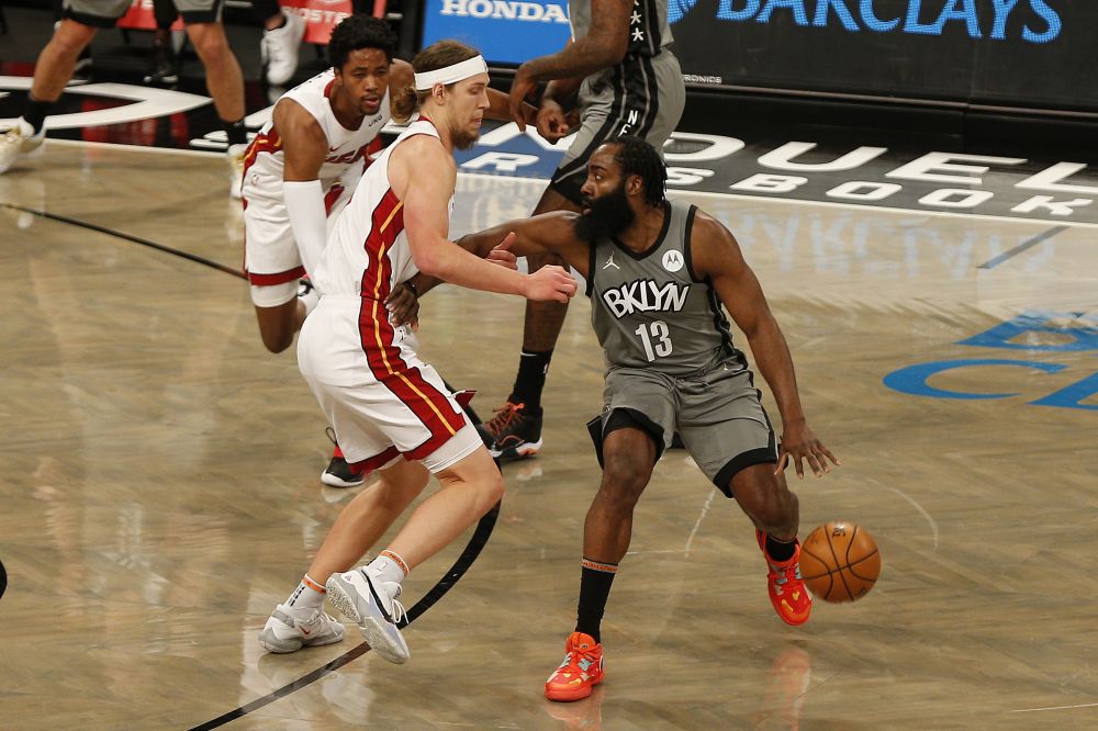 Brooklyn Nets guard James Harden (13) dribbles the ball against Miami Heat forward Kelly Olynyk (9) during the first half at Barclays Centre January 25, 2021. u00e2u20acu201d Reuters pic