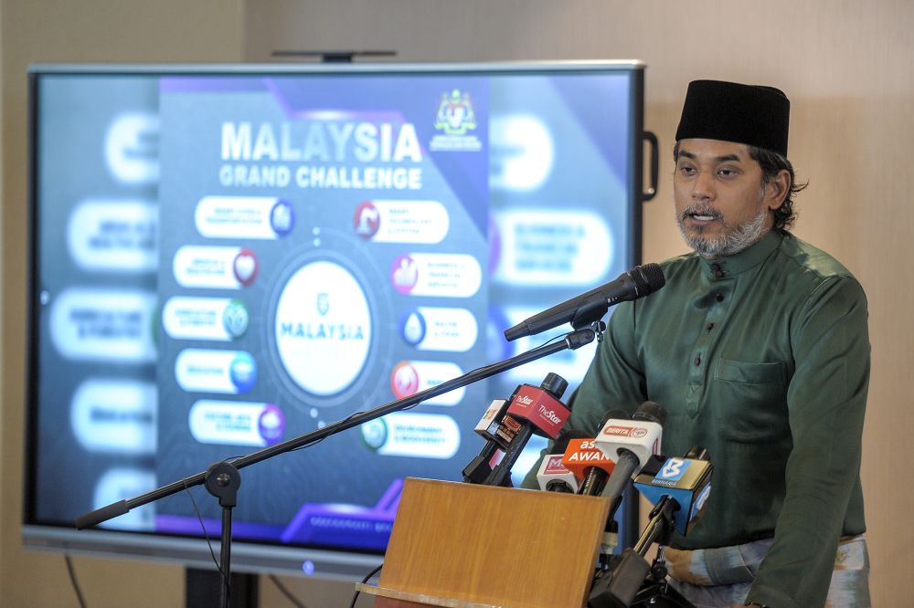 Science, Technology and Innovation Minister Khairy Jamaluddin speaks during the launch of the Malaysia Grand Challenge in Putrajaya January 8, 2021. u00e2u20acu201d Picture by Shafwan Zaidon