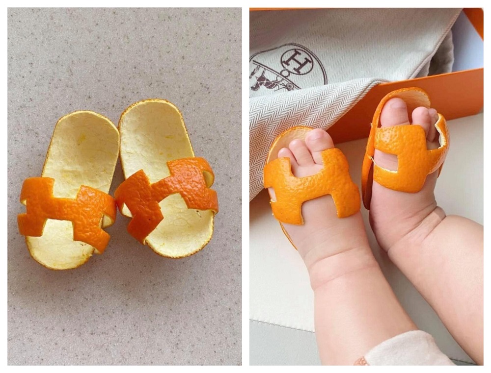 Baby sandals made with Mandarin orange peels have gone viral for its creatively-inspired footwear. u00e2u20acu201d Picture via Facebook/ Marketing Bait