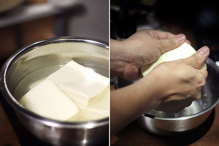 Soak the tofu in hot water to allow it to soften, before squeezing the water out.