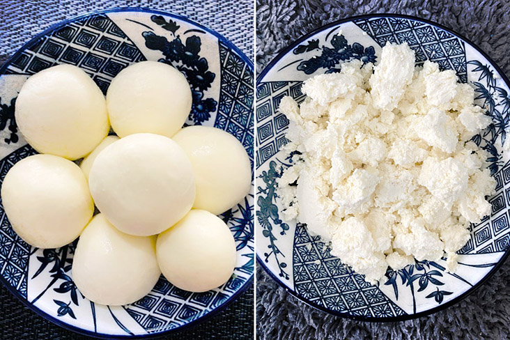 Bocconcini or ‘baby’ mozzarella (left) and soft, crumbly Bovre (right).