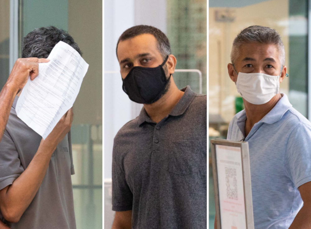 Former Shell employees (from left) Juandi Pungot, Muzaffar Ali Khan Muhamad Akram and Richard Goh Chee Leong are seen leaving State Courts February 23, 2021. u00e2u20acu201d TODAY picnn