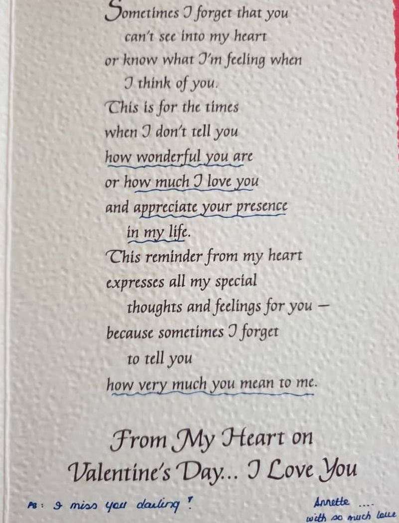 A Valentine's Day card Annette had sent to her late mother back in 2017. — Picture courtesy of Annette Arulrajah 