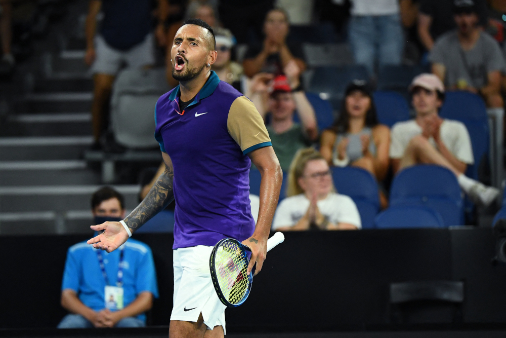 Australiau00e2u20acu2122s Nick Kyrgios reacts as he plays against Franceu00e2u20acu2122s Ugo Humbert during their menu00e2u20acu2122s singles match on day three of the Australian Open tennis tournament in Melbourne February 10, 2021. u00e2u20acu201d AFP pic