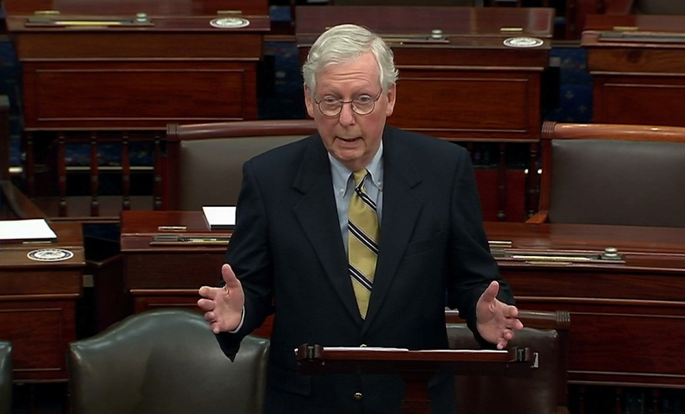 US Senate Minority Leader Mitch McConnell (R-KY) speaks about former US President Donald Trump, accusing him of dereliction of duty, during Trumpu00e2u20acu2122s impeachment trial in Washington February 13, 2021. u00e2u20acu201d US Senate TV pic/Handout via Reuters