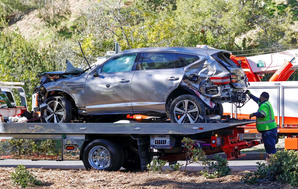 The damaged car of Tiger Woods is towed away after he was involved in a car crash, near Los Angeles, California February 23, 2021. u00e2u20acu201d Reuters pic 