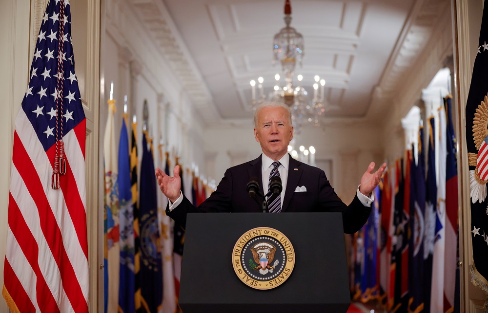 US President Joe Biden delivers his first prime time address as president, marking the one-year anniversary of widespread shutdowns to combat the Covid-19 pandemic, in Washington March 11, 2021. u00e2u20acu201d Reuters pic