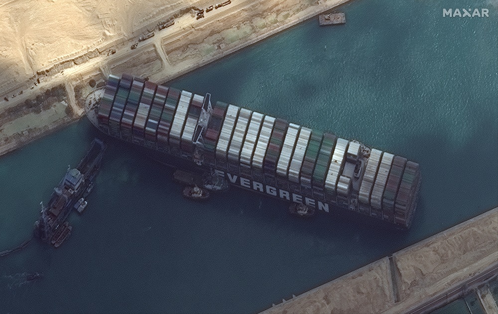 Ever Given container ship is pictured in Suez Canal in this Maxar Technologies satellite image taken on March 26, 2021. u00e2u20acu201d Picture by Maxar Technologies/Handout via Reuters