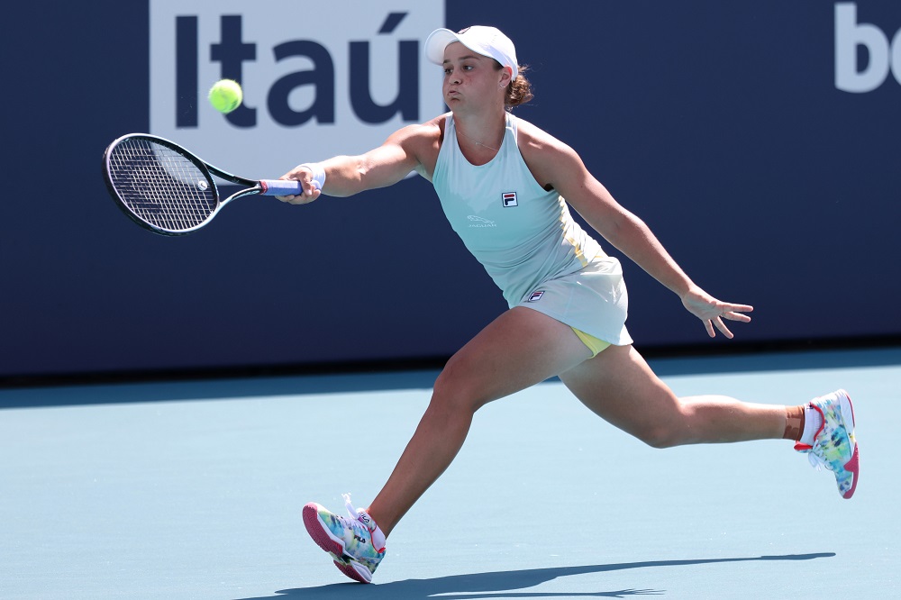 Ashleigh Barty of Australia hits a forehand against Aryna Sabalenka of Belarus (not pictured) in a women's singles quarterfinal in the Miami Open at Hard Rock Stadium March 30, 2021. u00e2u20acu201d Picture by Geoff Burke-USA TODAY Sports via Reuters