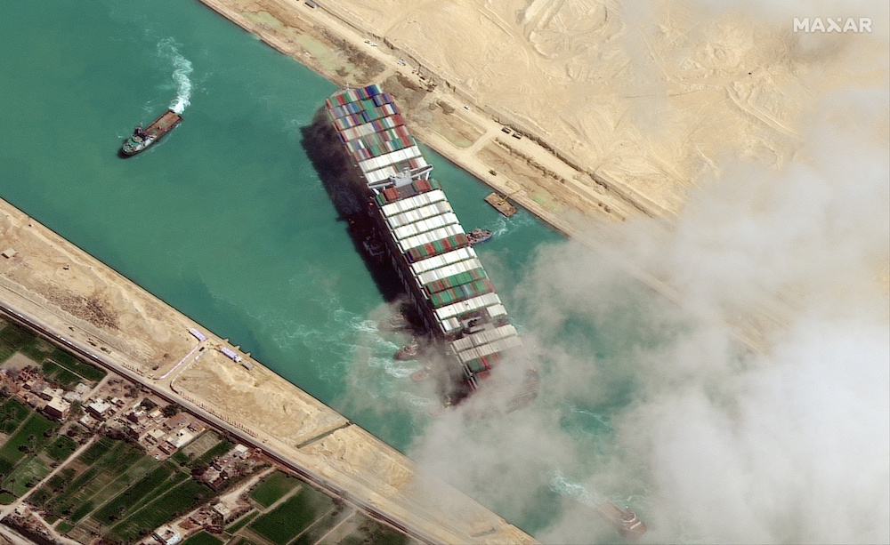 A view shows Ever Given container ship in Suez Canal in this Maxar Technologies satellite image taken on March 29, 2021. — Maxar Technologies pic via Reuters