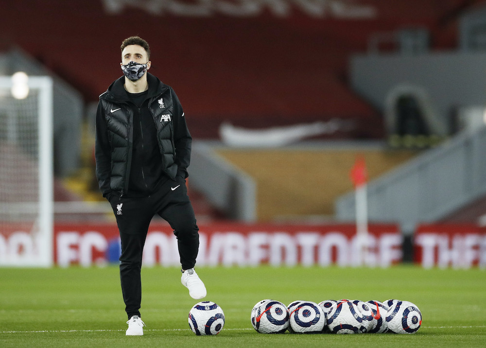 Liverpoolu00e2u20acu2122s Diogo Jota on the pitch before the match against Chelsea at the Anfield Stadium in Liverpool, March 4, 2021. u00e2u20acu201d Reuters pic