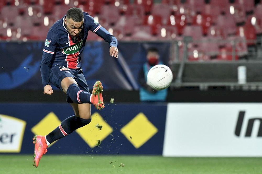 Paris Saint-Germainu00e2u20acu2122s forward Kylian Mbappe kicks the ball during the French Cup round-of-16 football match between Brest FC (Stade Brestois 29) and Paris Saint-Germain at The Francis Le Ble Stadium in Brest, France, March 6, 2021. u00e2u20acu201d AFP pic