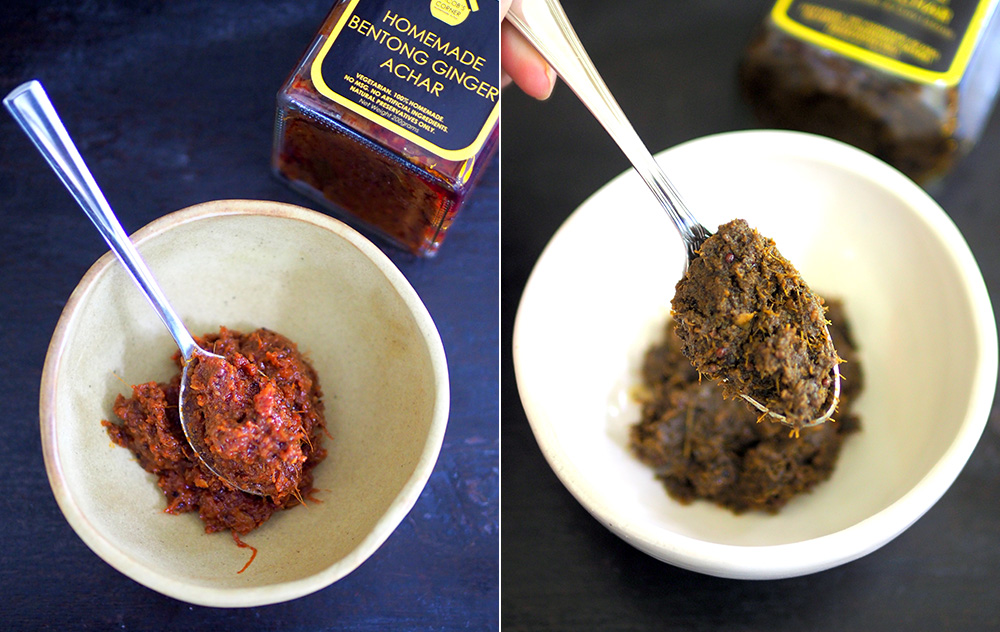 Bentong ginger achar gives a hint of ginger mixed with the spiciness from the chillies and can be used also as a marinade for chicken (left). The 3 leaf achar may not look pretty but you get a strong dose of mint and coriander that makes you want to take more spoonfuls (right).