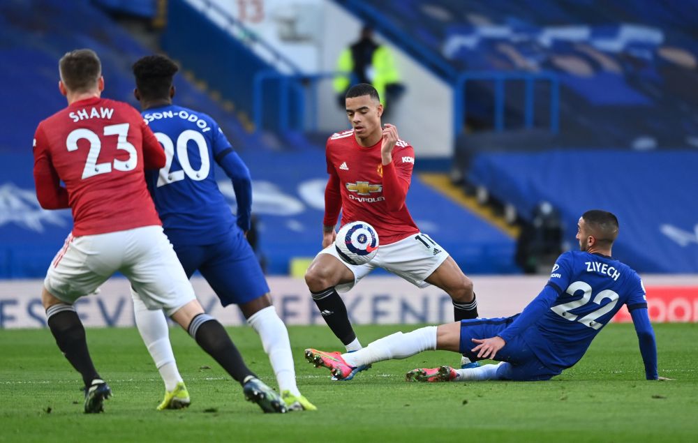 Manchester United's Mason Greenwood in action with Chelsea's Hakim Ziyech at Stamford Bridge, London February 28, 2021. u00e2u20acu201d Reuters pic