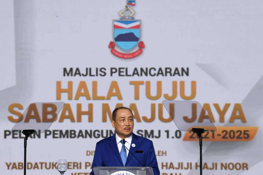 Sabah Chief Minister Datuk Hajiji Noor speaking at the launch of the SMJ Roadmap at the Sabah International Convention Centre in Kota Kinabalu, March 29, 2021.  u00e2u20acu201d Bernama pic 