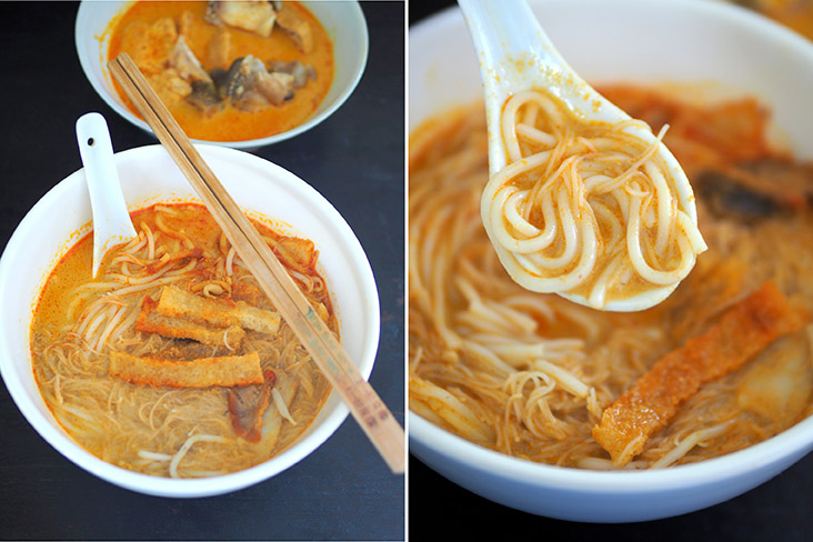 The curry 'mee' has a fragrant broth that you will drink to the last drop (left). This place offers 'lai fun' noodles that works well with the curry broth (right)