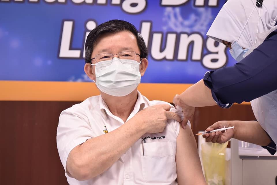 Penang Chief Minister Chow Kon Yeow receives the second dose of the Covid-19 vaccine in George Town March 22, 2021. — Picture via Facebook
