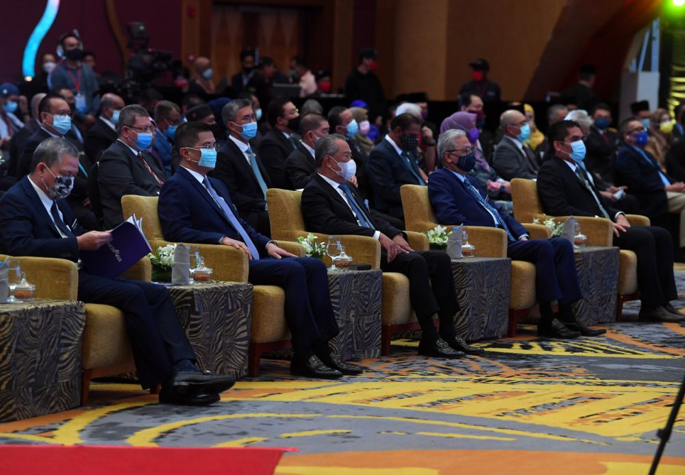 Prime Minister Tan Sri Muhyiddin Yassin (third from left) attends a Malaysia Prihatin event at the Putrajaya International Convention Centre March 1, 2020. u00e2u20acu201d Bernama pic