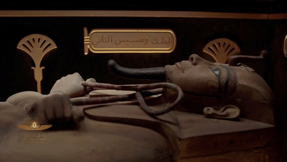 A mummy is seen during a ceremony of a transfer of Royal mummies from the Egyptian Museum in Tahrir to the National Museum of Egyptian Civilization in Fustat, in Cairo, Egypt April 3, 2021, in this screen grab. u00e2u20acu201d Host Broadcaster/Reuters TV pic