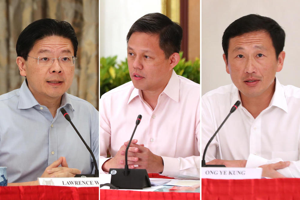 (from left) Education Minister Lawrence Wong, Trade and Industry Minister Chan Chun Sing and Transport Minister Ong Ye Kung u00e2u20acu201d Ministry of Communications and Information handout via TODAY
