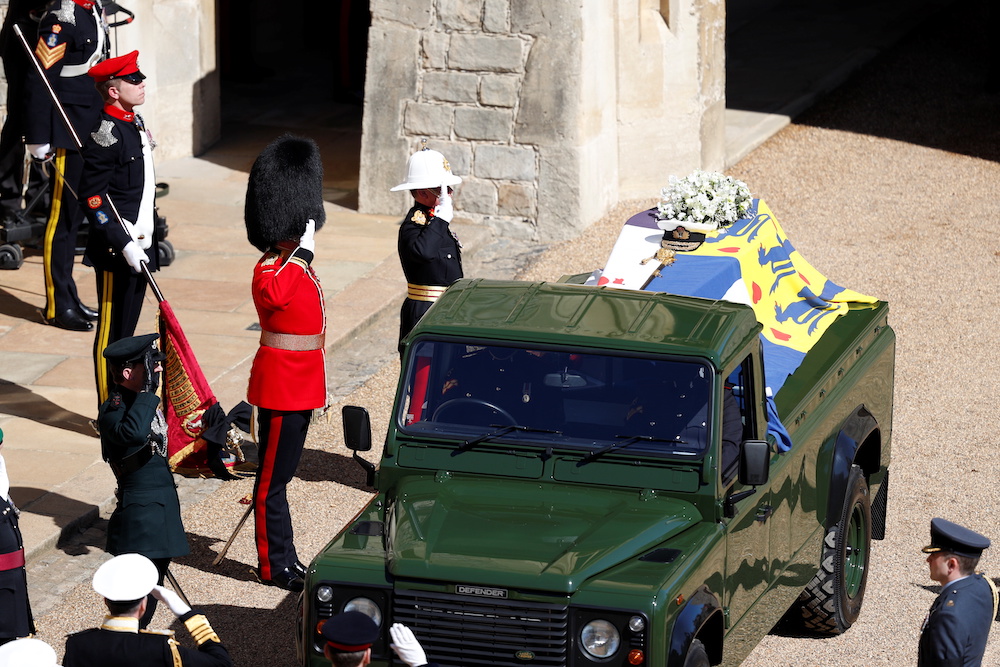 The hearse, a specially modified Land Rover, carrying the coffin of Britain's Prince Philip, husband of Queen Elizabeth, who died at the age of 99, is seen on the grounds of Windsor Castle in Windsor, Britain, April 17, 2021. u00e2u20acu201d Reuters pool picnn