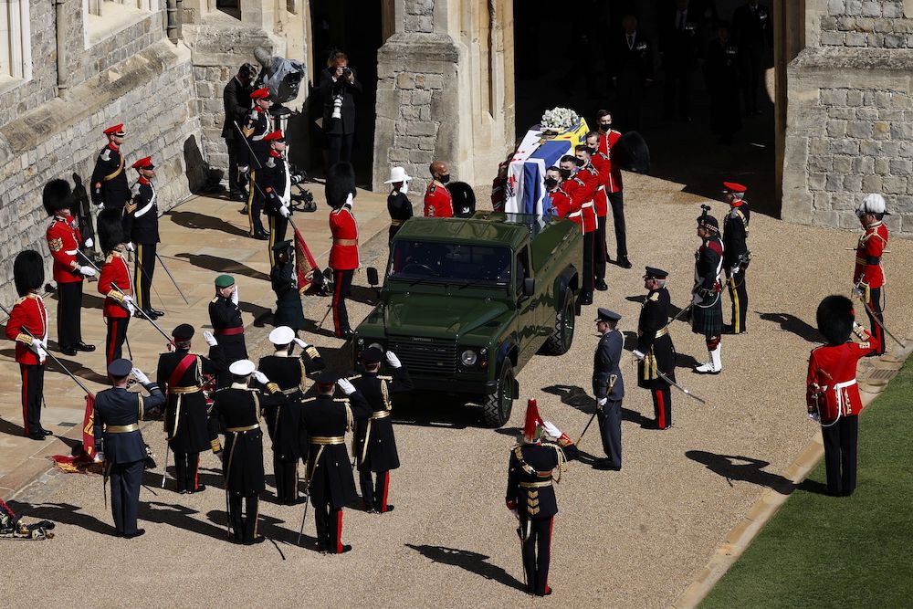 The hearse, a specially modified Land Rover, drives on the grounds of Windsor Castle on the day of the funeral of Britain's Prince Philip, husband of Queen Elizabeth, who died at the age of 99, in Windsor, Britain, April 17, 2021. — Reuters pic