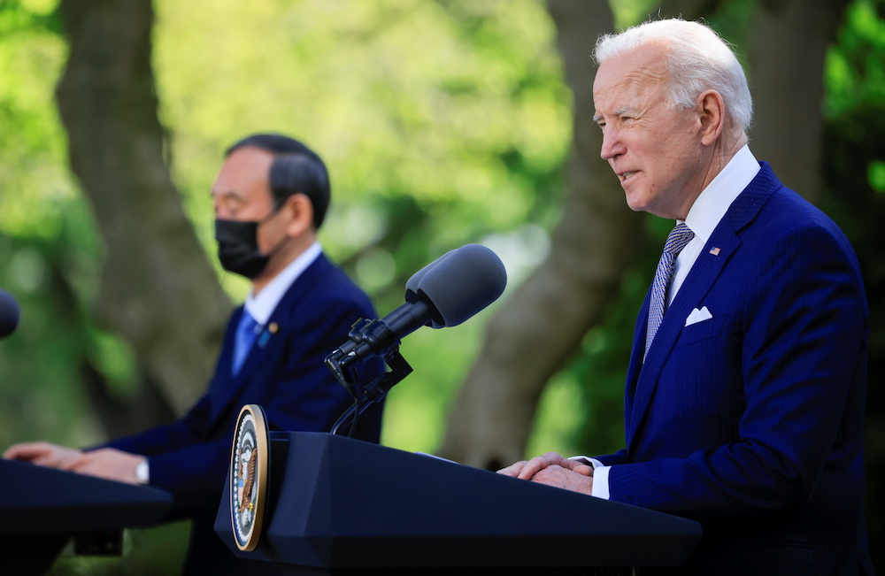 US President Joe Biden speaks alongside Japanu00e2u20acu2122s Prime Minister Yoshihide Suga as they hold a joint news conference in the Rose Garden at the White House in Washington, US, April 16, 2021. u00e2u20acu201d Reuters picnn