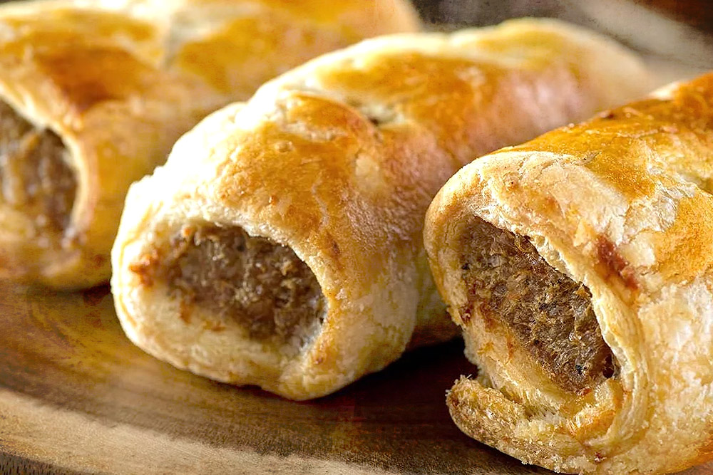 Scrumptious sausage rolls with handmade French butter puff pastry. 