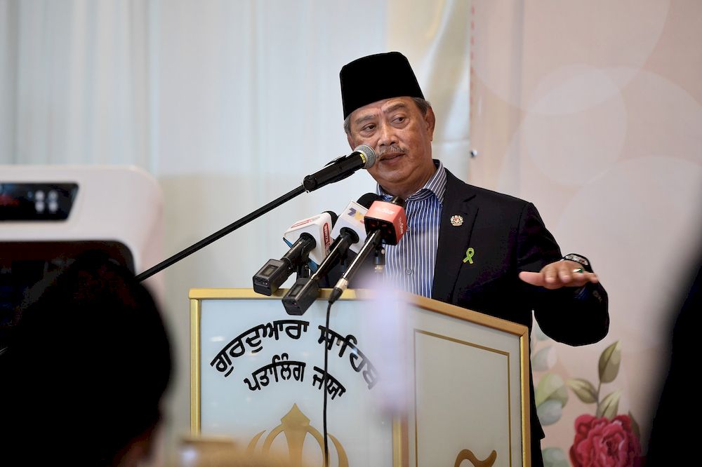 Prime Minister Tan Sri Muhyiddin Yassin speaking at a function in conjunction with the Vaisakhi festival at Gurdwara Sahib Lorong Utara, Petaling Jaya, April 12, 2021. u00e2u20acu201d Bernama pic