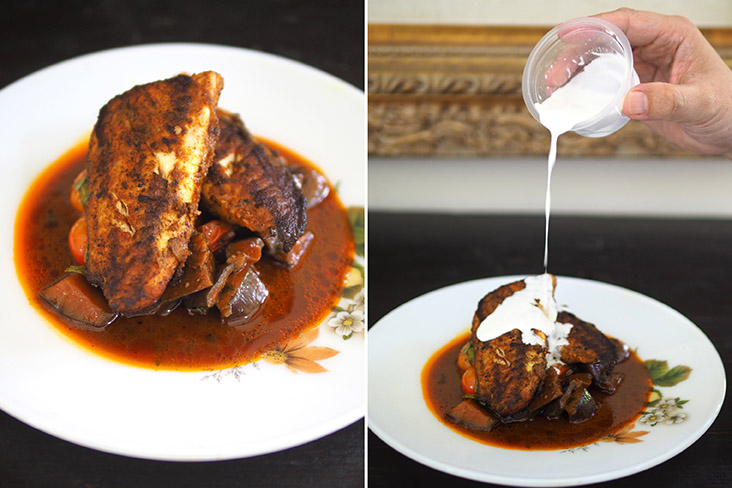 Spice rubbed perch fillet was delicious with the tender, caramelised eggplants and cherry tomatoes (left). Drizzle over the coconut cream for a richer-tasting fish dish (right)