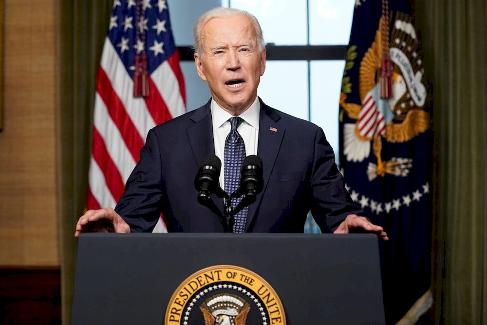 US President Joe Biden delivers remarks on his plan to withdraw American troops from Afghanistan, at the White House, Washington, US, April 14, 2021. u00e2u20acu201d Pool pic via Reuters