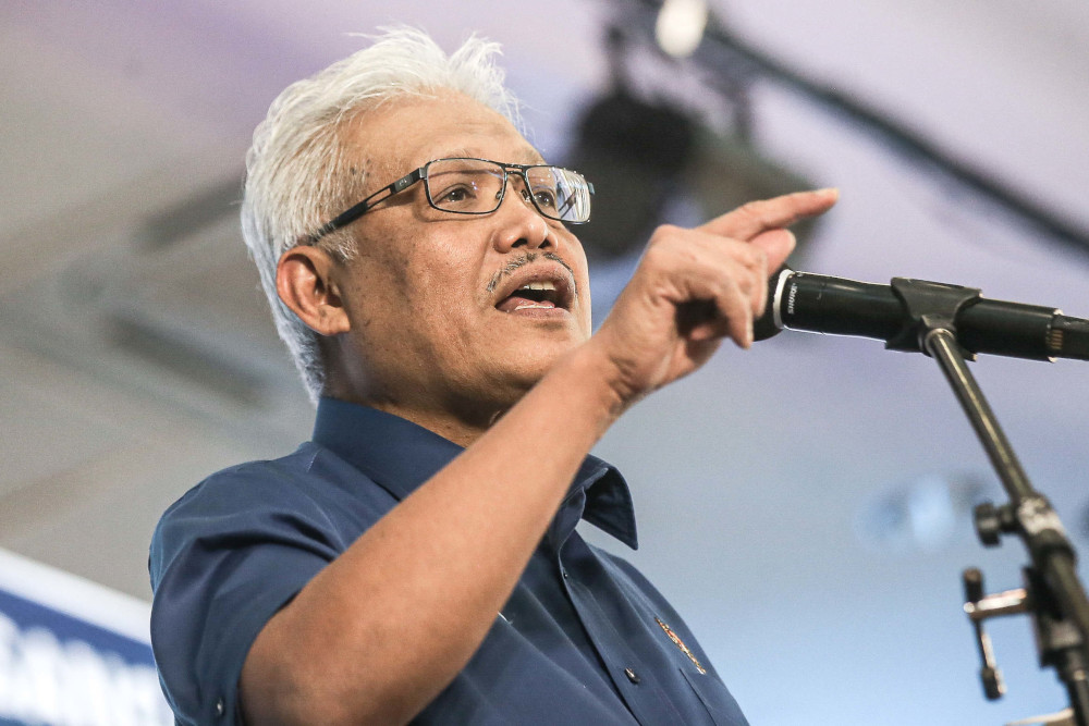 Home Minister Datuk Seri Hamzah Zainudin delivering a speech at the Malaysia Prihatin programme at Tambun Bandar Baru Multipurpose Hall in Ipoh, April 9, 2021. u00e2u20acu201d Picture by Farhan Najib 