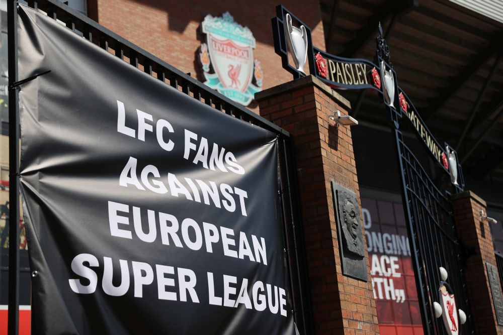 An anti-Super League banner is seen outside Anfield, Liverpool April 19, 2021. u00e2u20acu201d Reuters pic