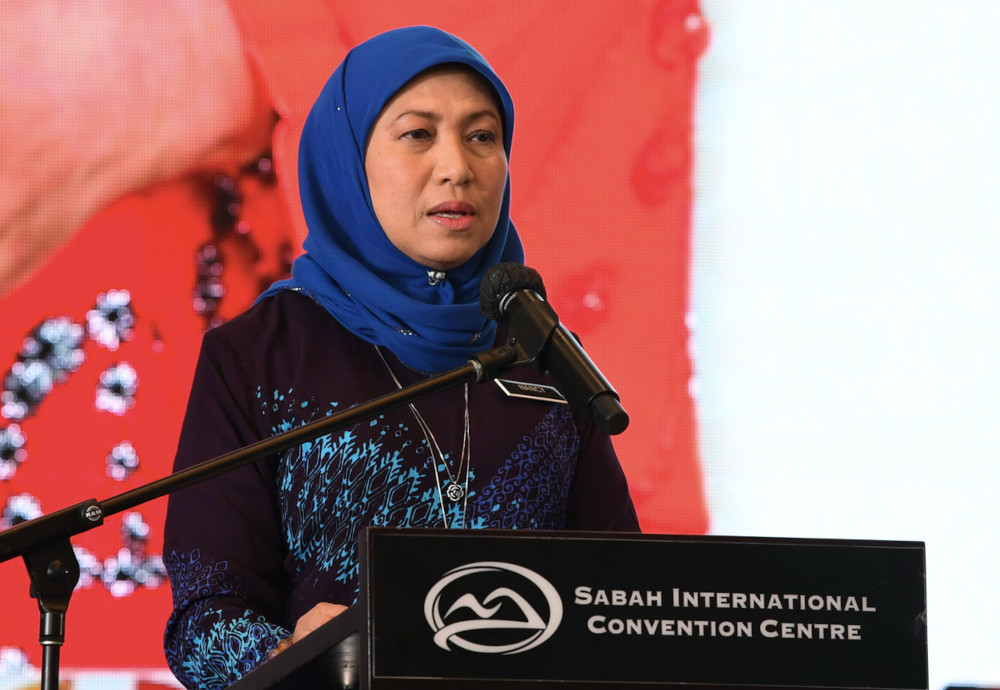 Tourism, Arts and Culture Minister Datuk Seri Nancy Shukri gives a speech at the launch of the national tourism policy in Kota Kinabalu April 22, 2021. — Bernama pic