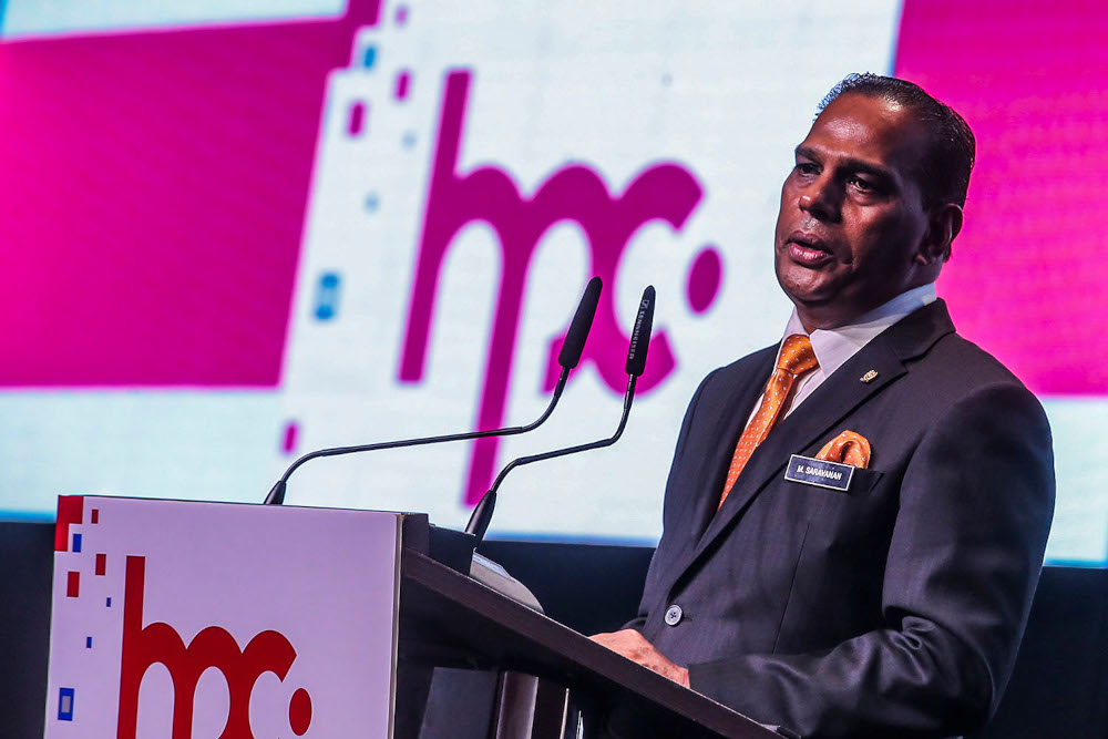 Human Resources Minister Datuk Seri M. Saravanan giving his opening speech during the launch of HRDF Placement Centre in Kuala Lumpur Covention Centre April 6, 2021. u00e2u20acu2022 Picture by Hari Anggaran