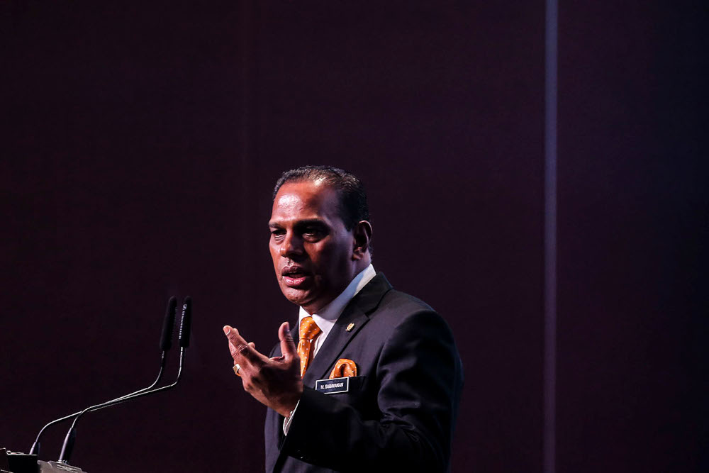 Human Resources Minister Datuk Seri M. Saravanan giving his opening speech during the launch of HRDF Placement Centre in Kuala Lumpur Convention Centre April 6, 2021. ― Picture by Hari Anggara