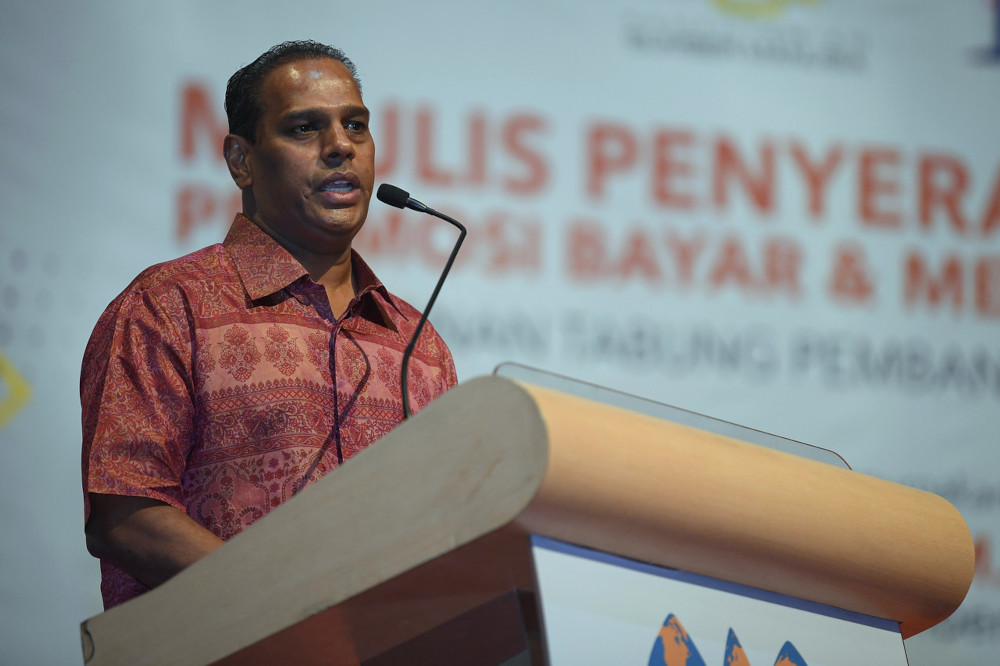 HR Minister Datuk Seri M Saravanan speaks at the HRDF prize presentation ceremony for its Pay and Win Promotion at the World Trade Centre Kuala Lumpur, April 26, 2021. u00e2u20acu201d Bernama pic 