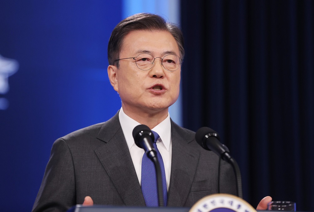 South Korean President Moon Jae-in delivers his speech during a news conference at the Presidential Blue House in Seoul May 10, 2021. u00e2u20acu201d Picture by Yonhap via Reuters