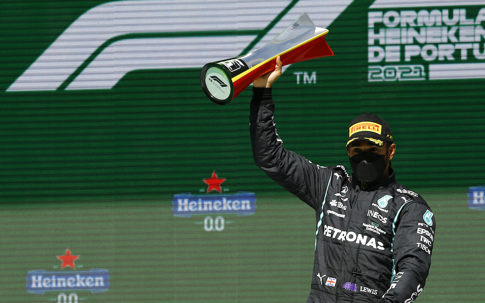 Mercedes' Lewis Hamilton celebrates on the podium with the trophy after winning the Portuguese Grand Prix at Algarve International Circuit in Portimao, Portugal May 2, 2021. u00e2u20acu201d Reuters pic 