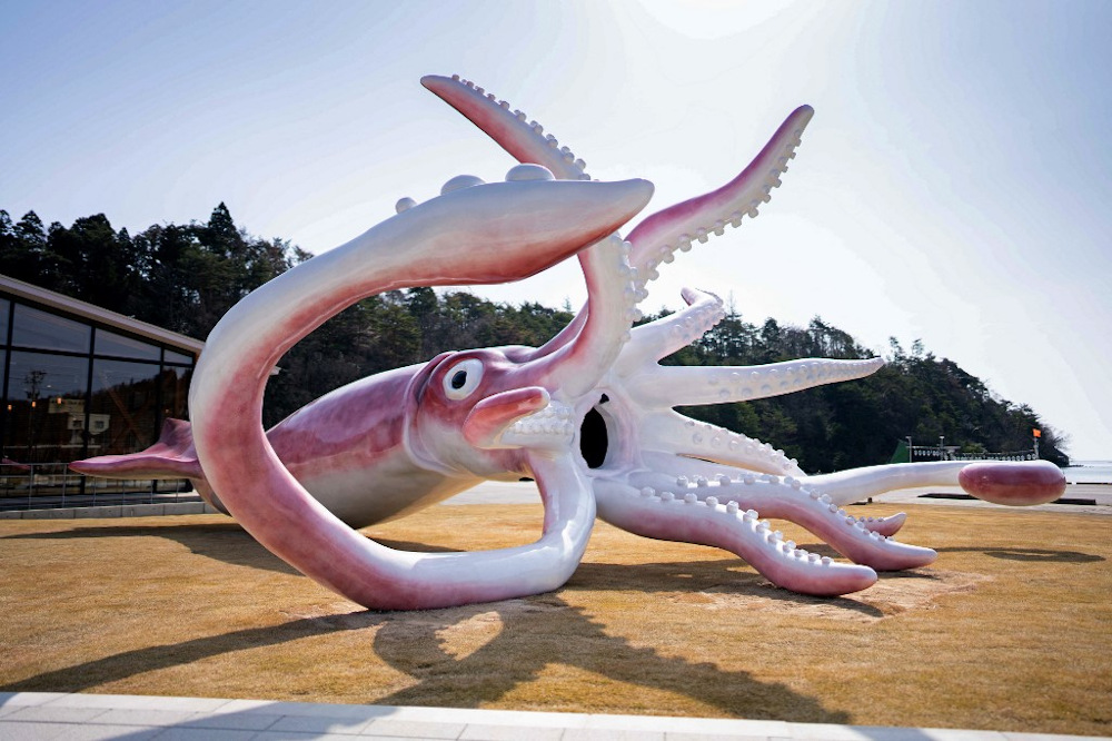 This handout photo taken on April 2, 2021 from the town of Noto shows a giant squid statue, built at a cost of nearly US$250,000 with a national tax grant to aid communities hit financially by Covid-19 restrictions. u00e2u20acu201d AFP pic