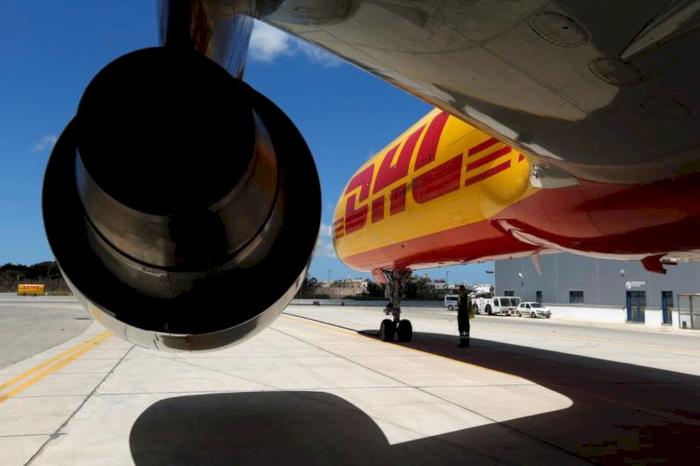A DHL logo is seen on a DHL Boeing 757 aircraft during a charity fundraising event at the Safi Aviation Park in Safi, Malta May 1, 2019. u00e2u20acu201dReuters pic