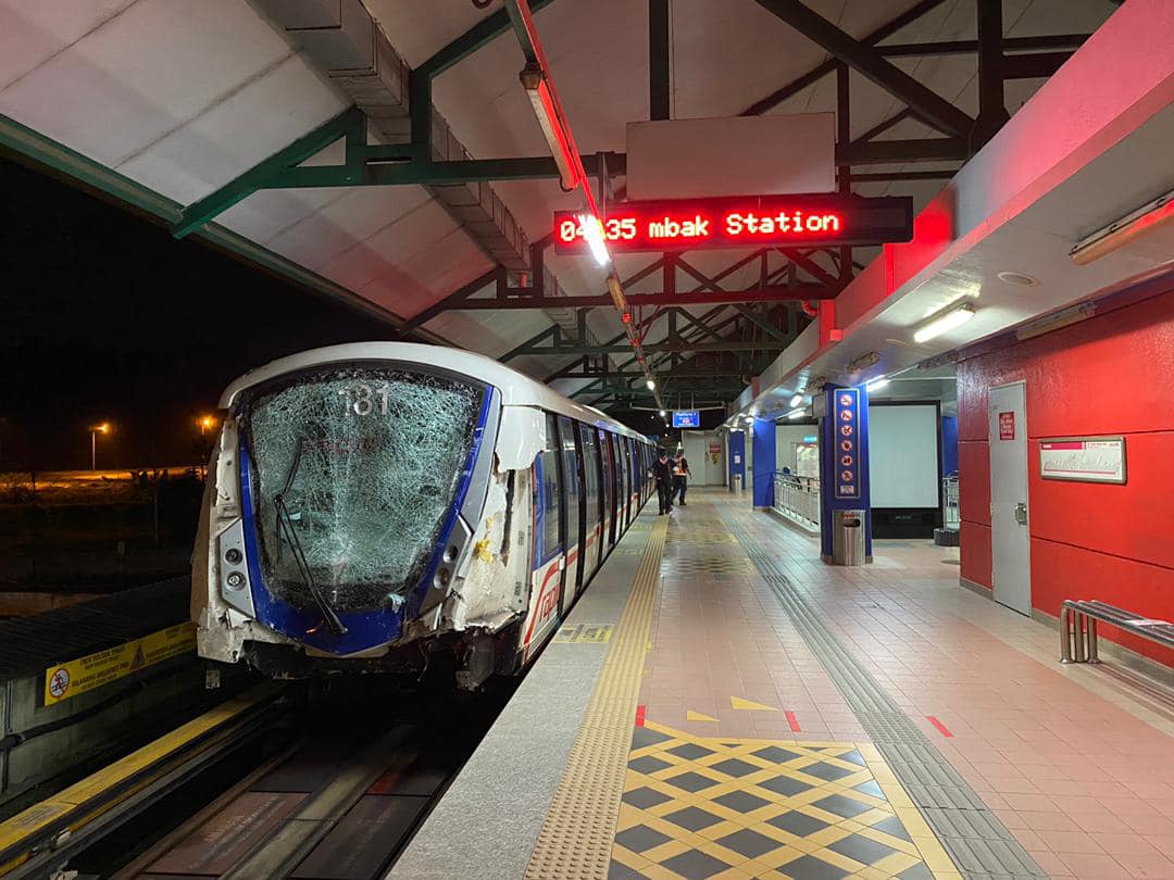 The damaged LRT train TR81 is pictured at the Gombak tail track in Kuala Lumpur May 27, 2021. — Picture via Facebook