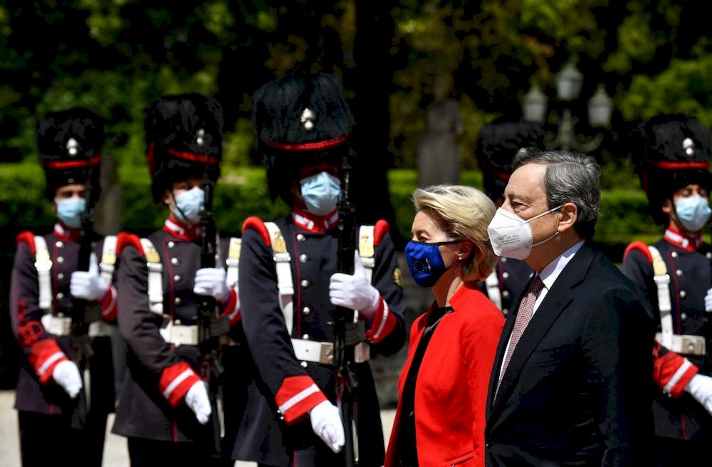 Italian Prime Minister Mario Draghi (left) and European Commission President Ursula von der Leyen arrive for the Global Health Summit at the Villa Doria Pamphili in Rome on May 21, 2021. u00e2u20acu201d AFP pic